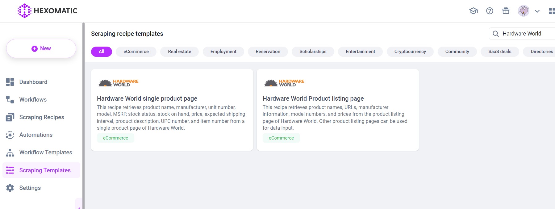 How to scrape Hardware World Hexomatic