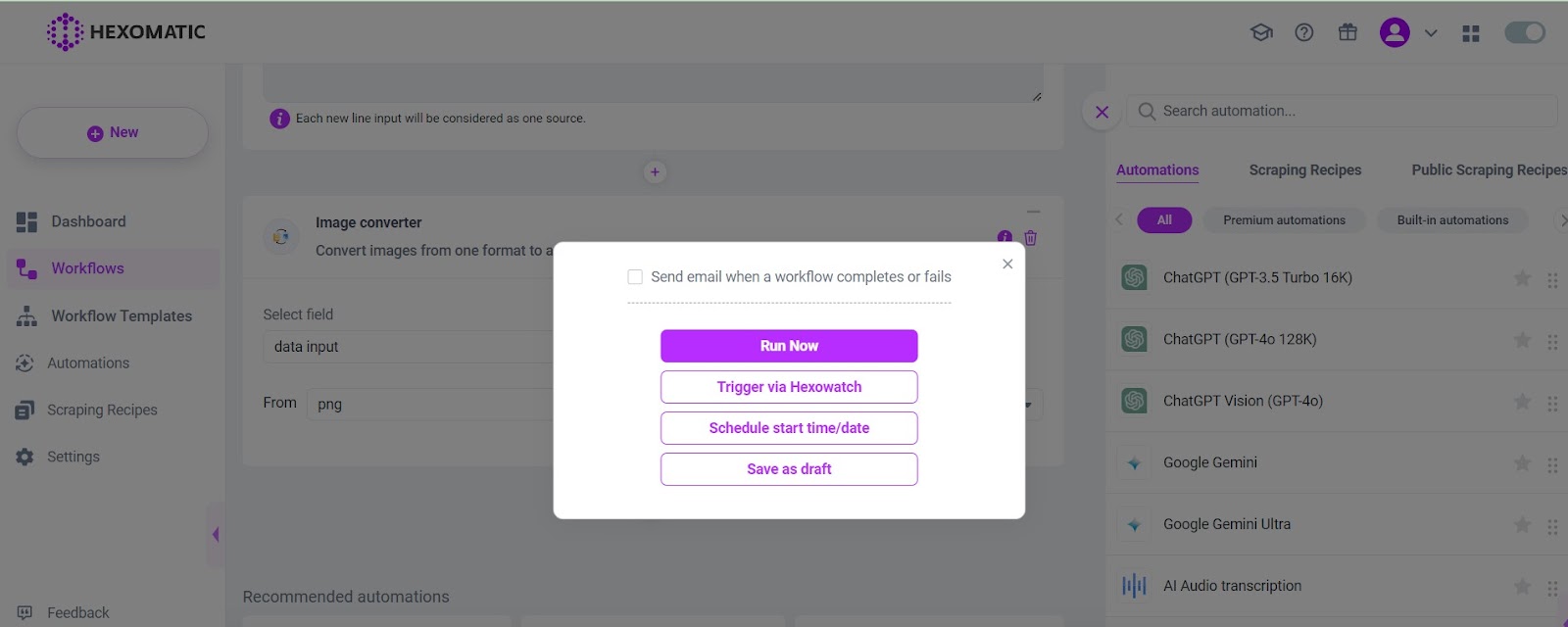 Run workflow to convert image formats